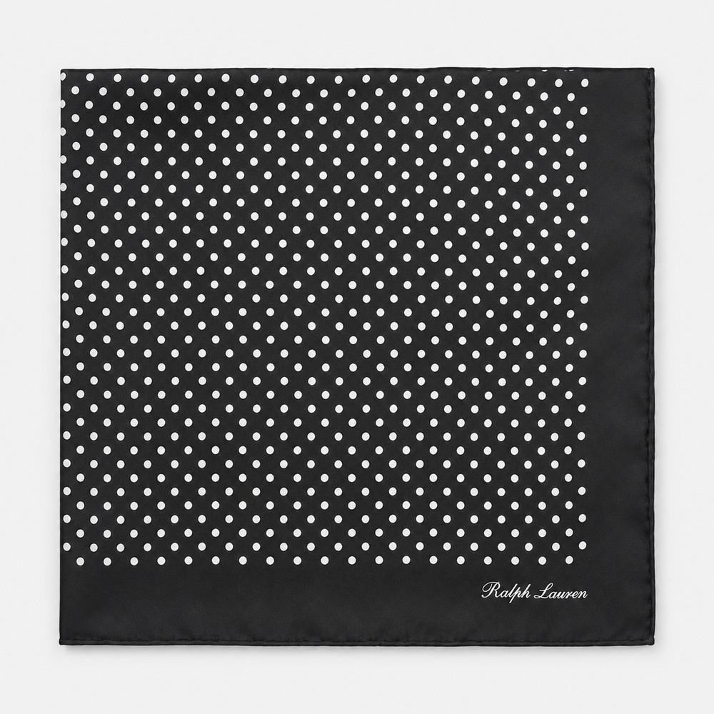 Ralph Lauren Purple Label Silk Pocket Square Black White Polka Dot Italy 27"